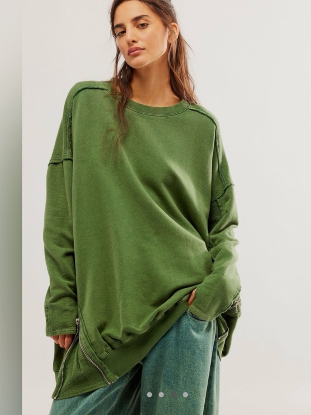 Free People Zip It Green Zippered Tunic Crewneck Sweatshirt